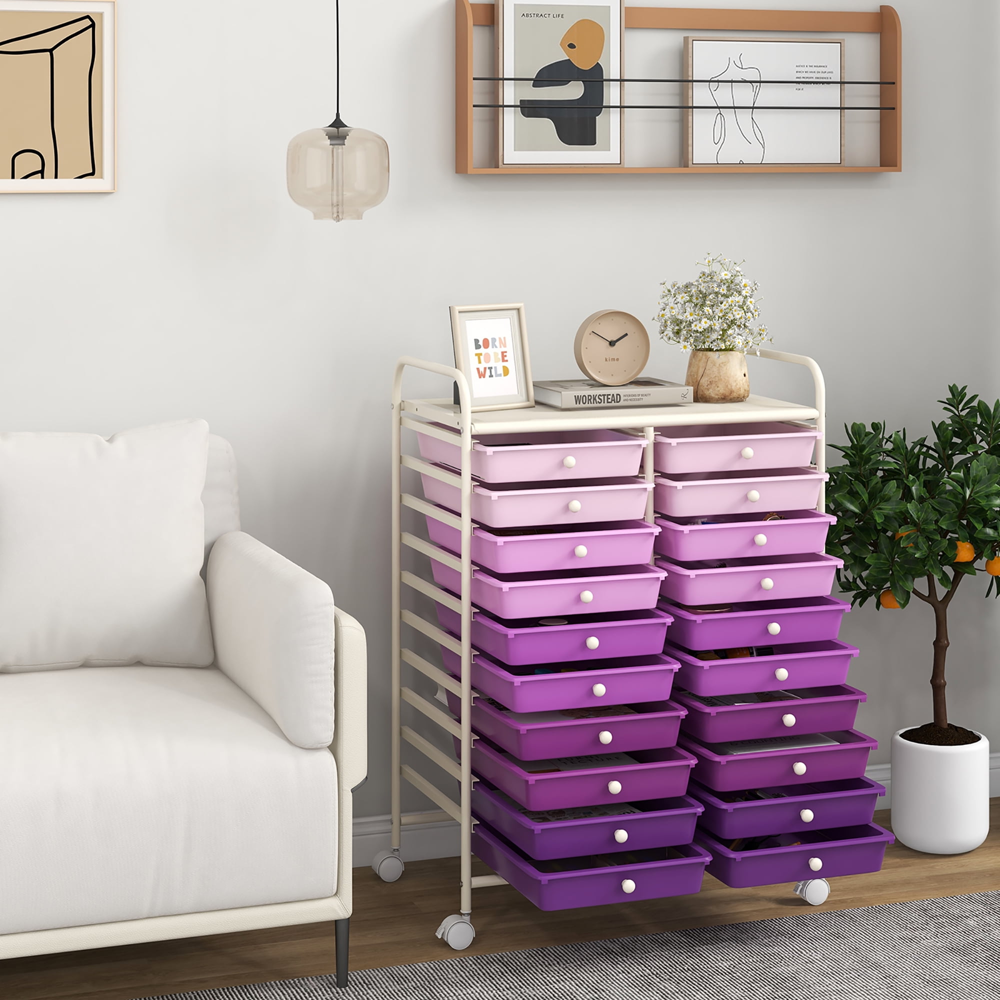 Gymax 20 Drawers Rolling Storage Cart Art Craft Organizer on Wheels Multipurpose Purple