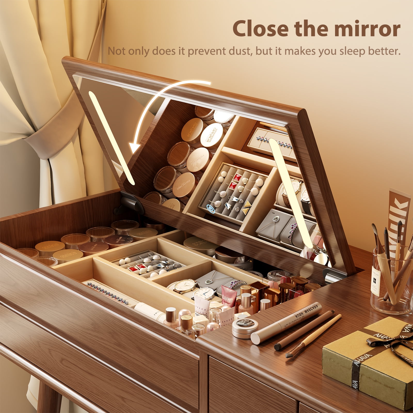 Muwuele Makeup Vanity Table with Mirror and 3 Lighting Modes, 32 Inch Large Dressing Table Set with 3 Drawers, Solid Wood Vanity Desk for Bedroom (Walnut)