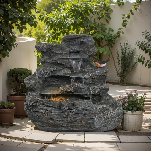 4-Tiered Concrete Rock Waterfall Fountain, 20.8"H – Outdoor Garden Decor with LED Lights, Weather-Resistant, Soothing Water Sound Ambiance