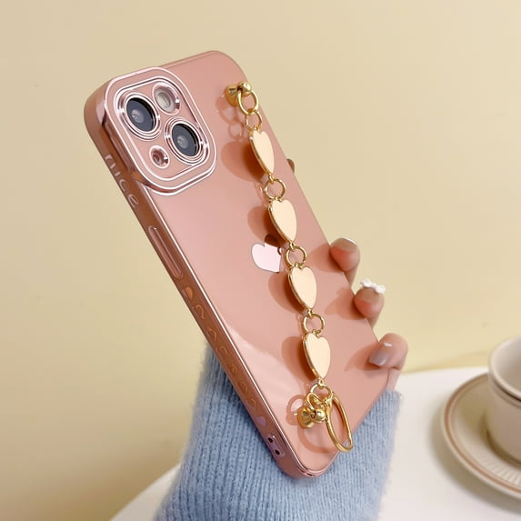 Ultra Slim Case for iPhone 13 Pro Max Plated Cute Love Hearts Pattern Sleek Cover, Soft Silicone Shockproof Lens Protection Case with Hearts Bracelet Chain Wrist Strap Case for Women Girls,Pink