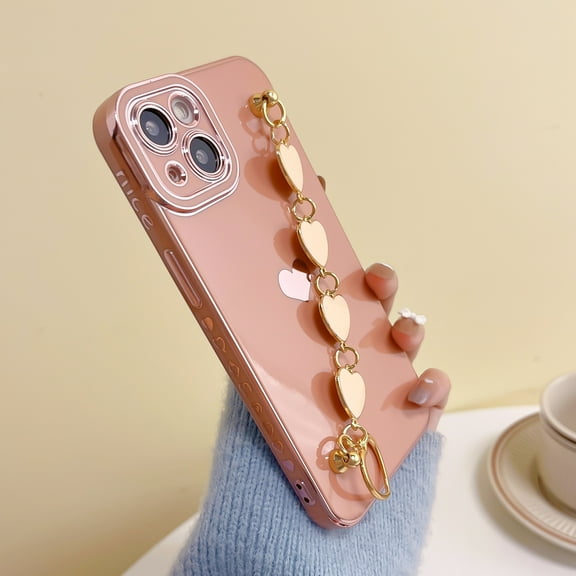 TECH CIRCLE Case Compatible with Apple iPhone 14 Pro 6.1 inch,for Women Girls,Shockproof Luxury Plating Silicone Soft Phone Case with Love Heart Chain Bracelet,Pink