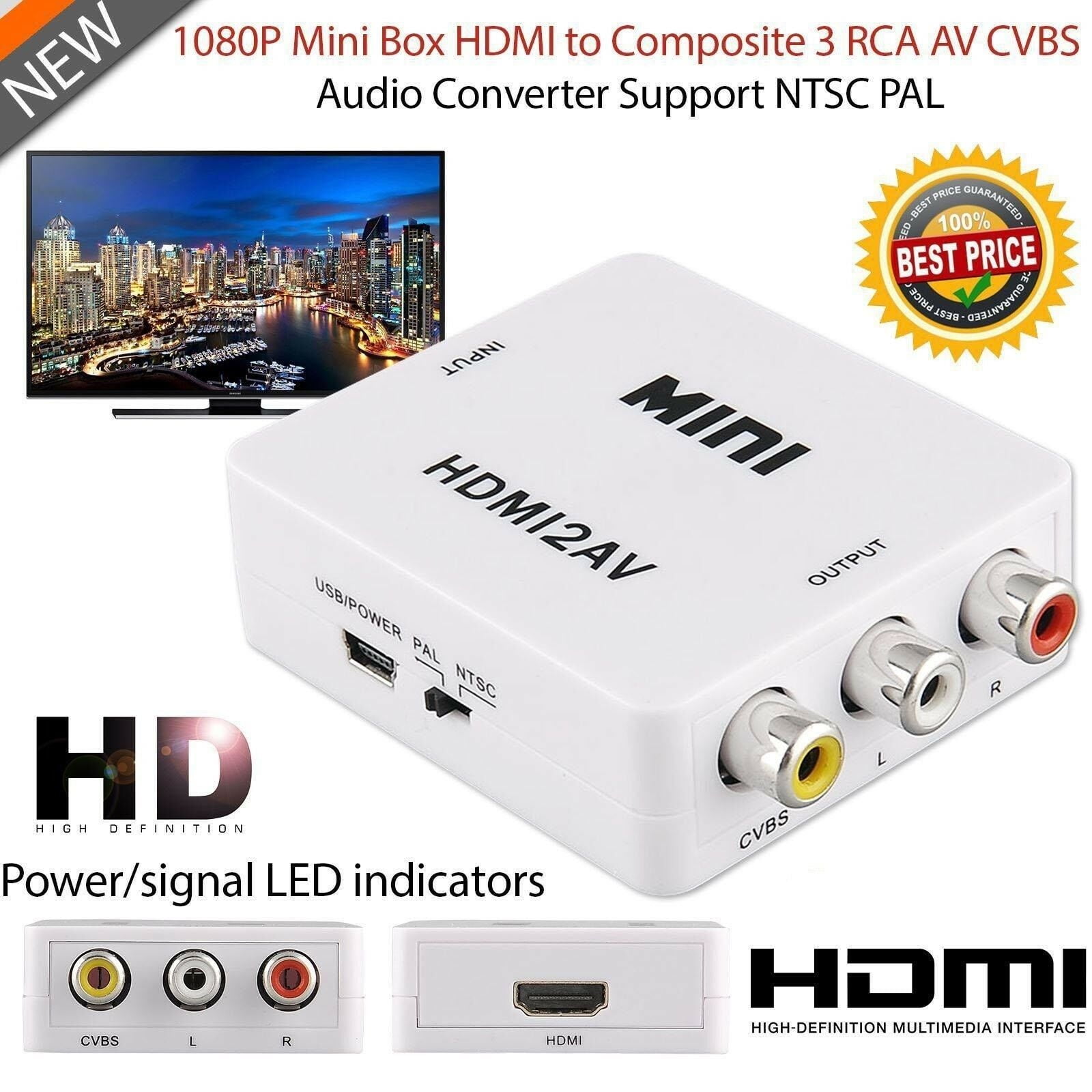 Mini 1080P Composite AV CVBS Adapter Converter HDMI to RCA Audio Video