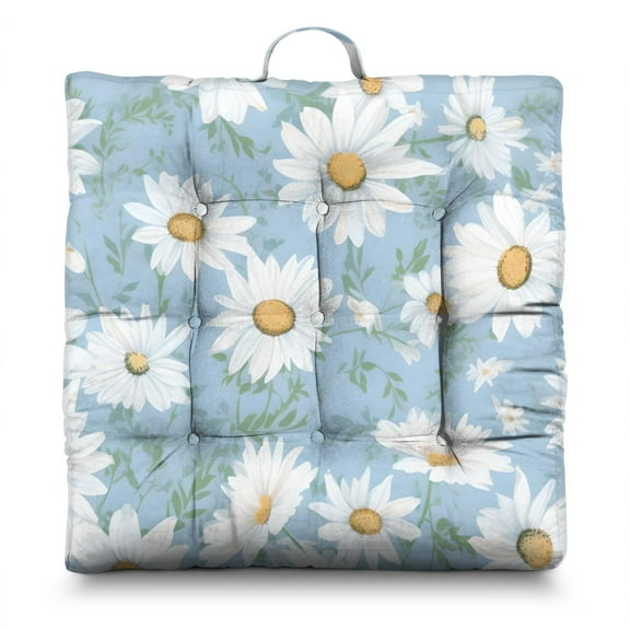 Artistic Daisy Floor Pillow 22x22 Inch Square Cushion, Boho Chic Daisy Print, Portable for Yoga & Balcony Lounging