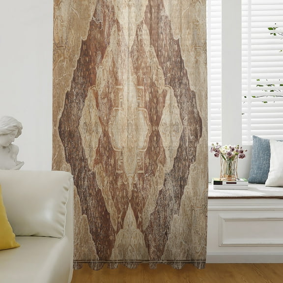 Beige Boho Semi Sheer Curtains Drapes for Living Room,Bedroom,French Doors Window 84 Inches Long,Ethnic Modern Geometric Abstract Art Western Rod Pocket Chiffon Curtain Drapery Voile Draperies Panel