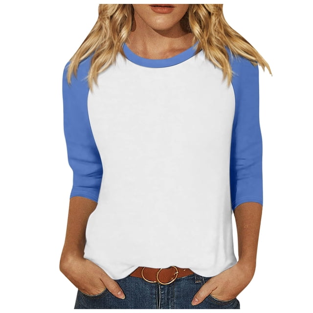 TSADFHJI Chemises pour Femmes Tendance Automne 2024 Haut à Manches 3/4 Été Décontracté Polyvalent Raglan Col Rond Chemise Décontractée TTG Bleu Clair