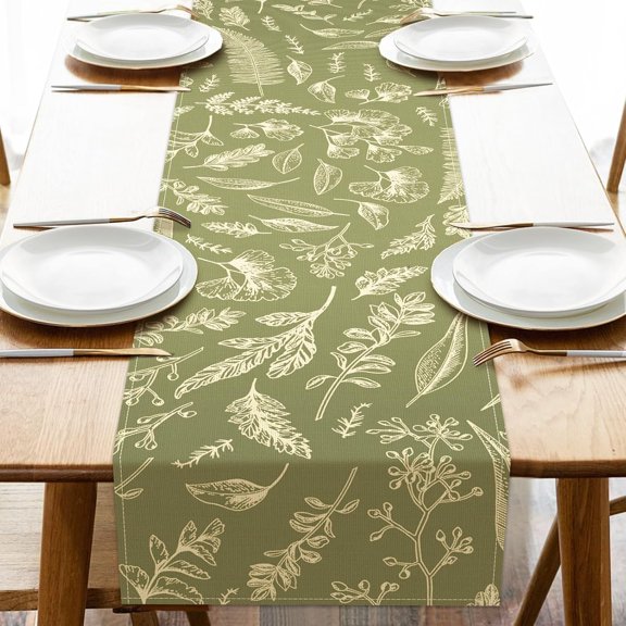 Green Botanical Leaves Dining Table Runner, Vintage Fern Plant Greenery Burlap Kitchen Decoration, Nature Indoor Outdoor Home Decor Party Supply 13.8 x 71 Inches