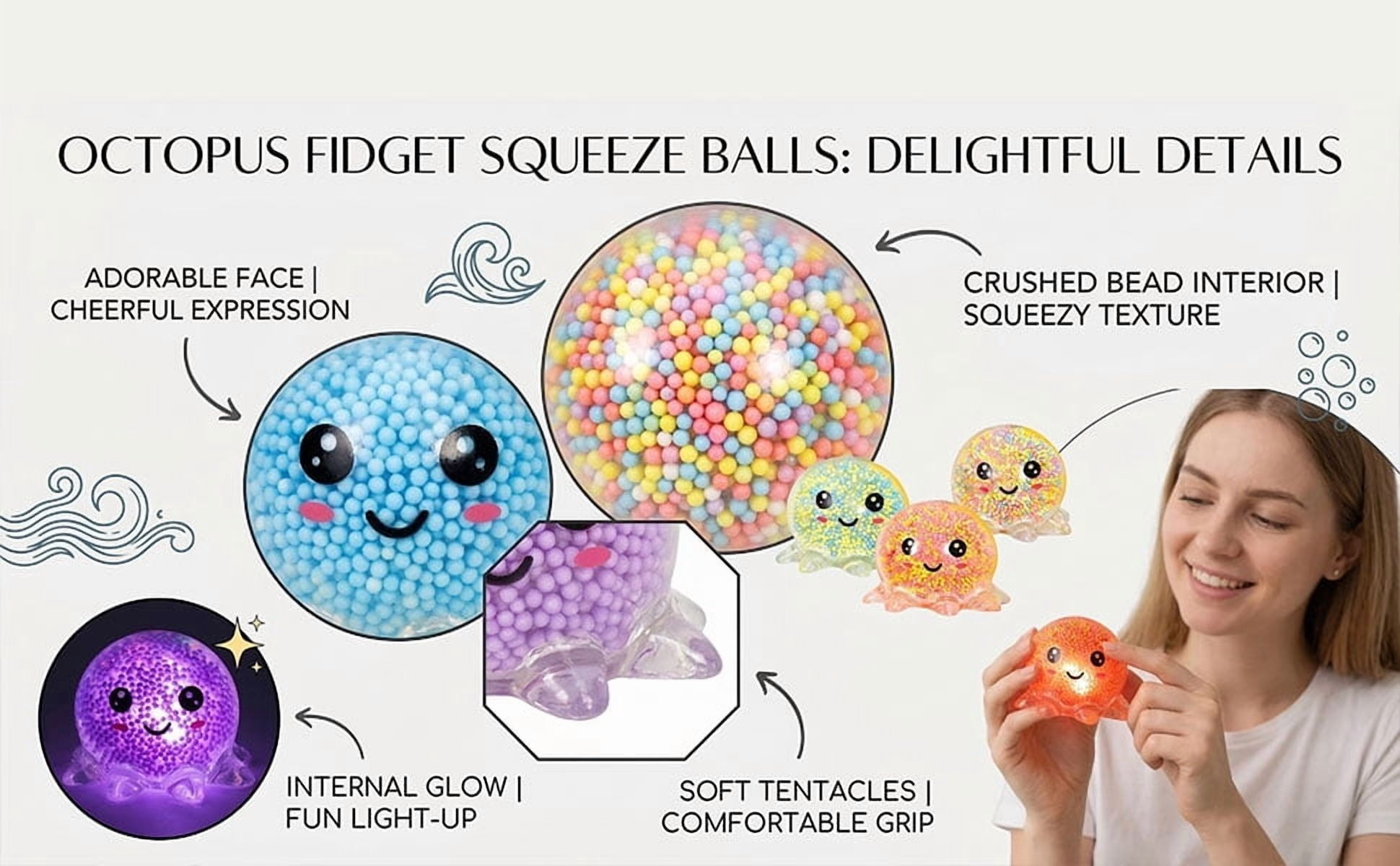 GAFRBALLV Octopus Stress Ball Set, 4 Pack Cute Squeeze Stress Relief Fidget Toys, Party Favors and Birthday Gifts