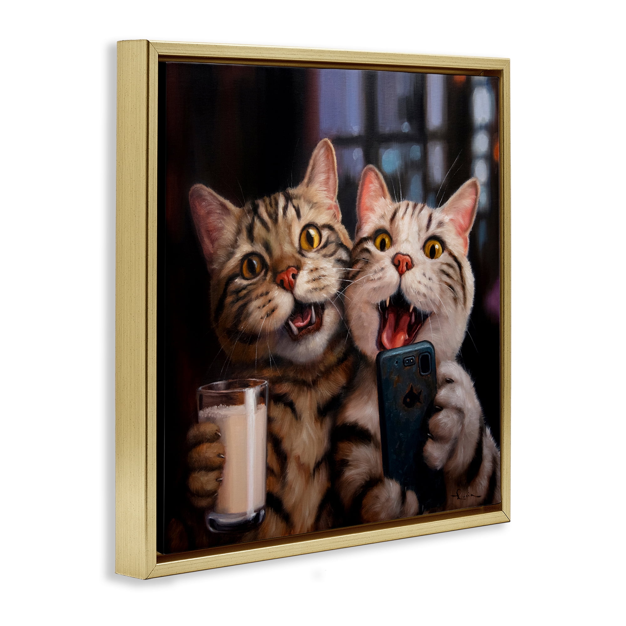 Stupell Industries Happy Selfie Cats Animals Painting Gold Floater Framed Canvas Art Print Wall Art, 25 x 25