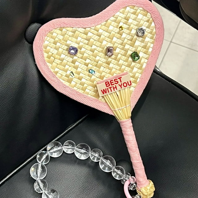 Emoshayoga Fan Tejido Abanico de Bambú Hecho a Mano en Forma de Corazón con Cristales, Portátil para Fiestas y ViajesRosa