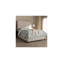 King Size Upholstered Bed - Light Beige Fabric Headboard - Nailhead Tufted Design - Platform Bed Frame