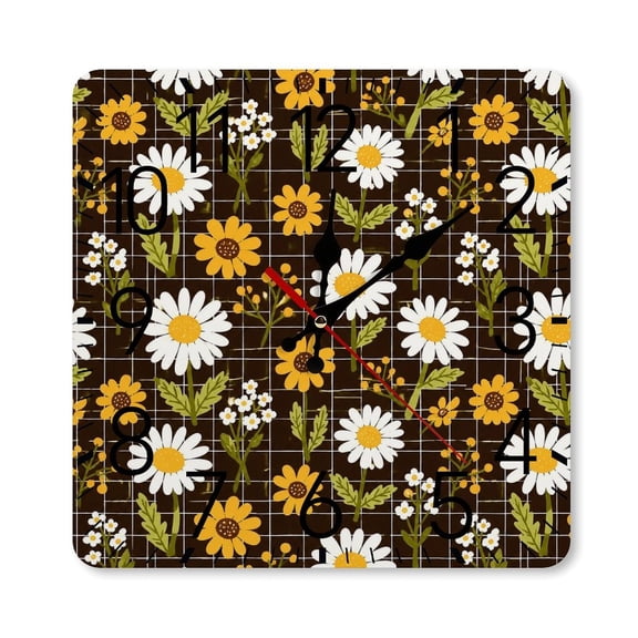 RKSupls 10×10inch Square Silent Wall Clock Wooden Frame, Daisy Grid Pattern Scale Decorative Clock for Home Bedroom Living Room Office