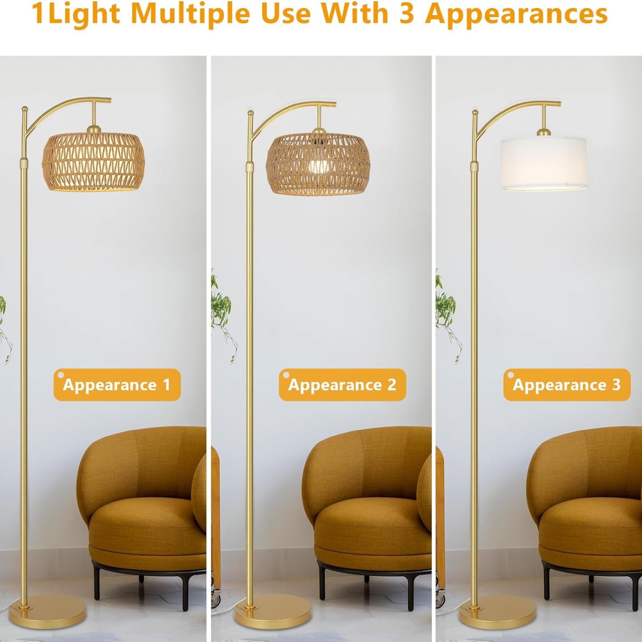 Noble House Modern Rattan Floor Lamp, Remote Dimmable, Adjustable Tall & Color Temperatures, Arc Drum Shade, Gold