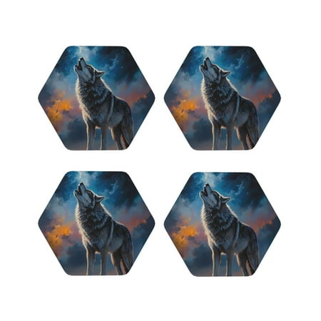 

Naloa Lonely Night Sky Wolf Leather Coasters for Drinks Durable Drink Coasters 4 Set for Tabletop Protection Luxurious Home Décor and Housewarming Gift ( {designName})Hexagon