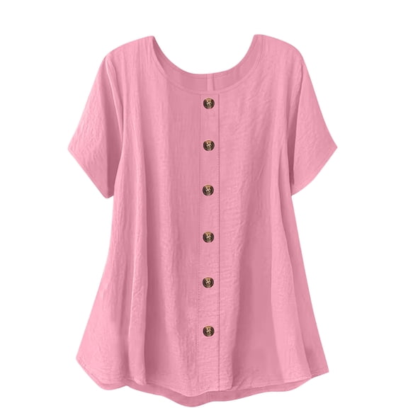 GUACER Womens Summer Short Sleeve Blouses Casual Round Neck Cotton Linen Button Trendy T Shirts