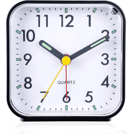 Small Battery Operated Analog Travel Alarm Clock Silent Non Ticking, Gentle Wake, Ascending Beep Sounds, Snooze,Lighted on Demand, Easy Set(Black)