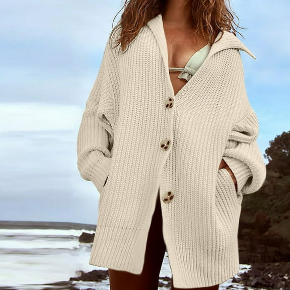 qolati Cardigan Sweaters for Women 2024 Fall Winter Chunky Knit Open Front Cardigans Coats Lightweight Oversized Long Sleeve Lapel Button Sweater Outerwear