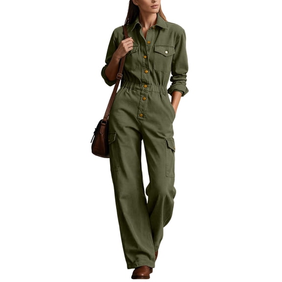 ClodeEU Women's Button Down Collared Long Sleeve Jumpsuit,High Waist Wide Leg Romper with Pockets ,Women's Plus L