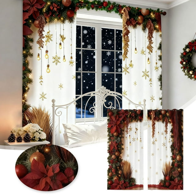 BotaniNest Rideaux Imprimés Noël Mas Saison des Fêtes Déco 2 Pcs 2D Plats Imprimés Rouges Xmas avec Flocons de Neige (Velours Peau de Pêche 39.5*87 Po)