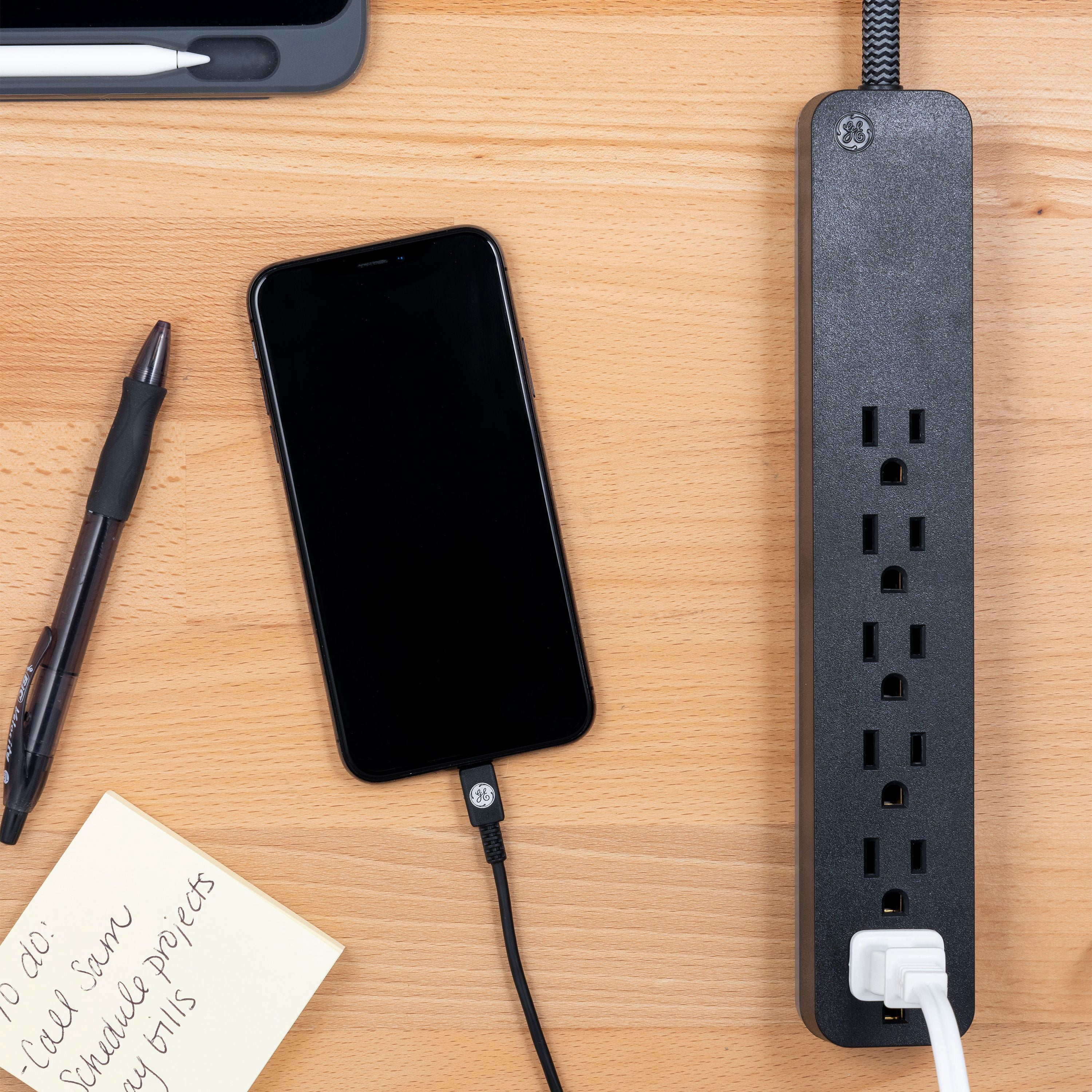 GE UltraPro 6 Outlet Surge Protector, 6 ft Braided Cord, Black, 45271