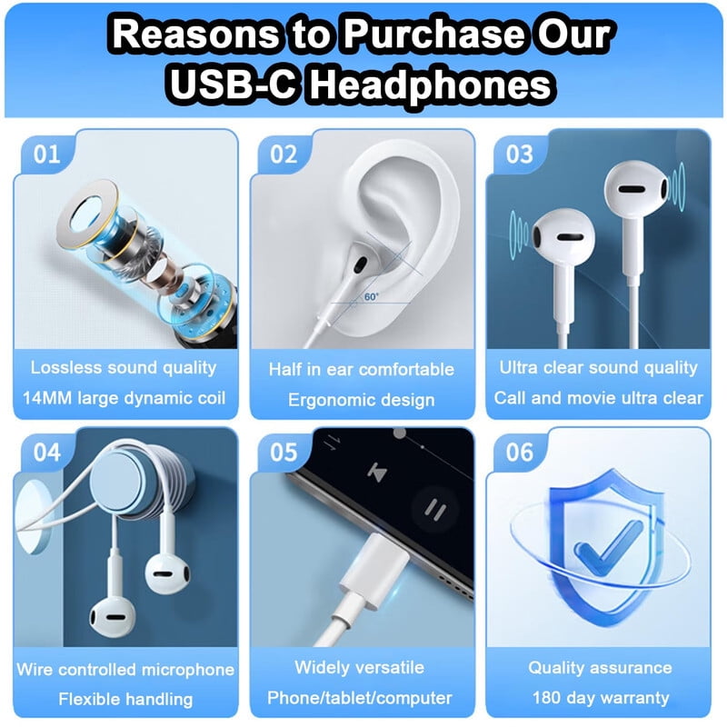 USB C Headphones Compatible with iPhone 17 16 15, for iPad Pro, Type-C Earphones with Microphone Volume Control Wired Earbuds, for Google Pixel 8 7 6A 5 for Samsung S25 S24 S23 S22 S21 S20 A55 -White