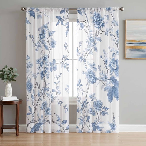 Blue White Spring Floral Semi Sheer Curtains 108 Inch Length 2 Panels Set, Summer Botanical Birds Sheer Kitchen Curtain Privacy Voile Window Curtain for Living Room Bedroom Rod Pocket Drapes
