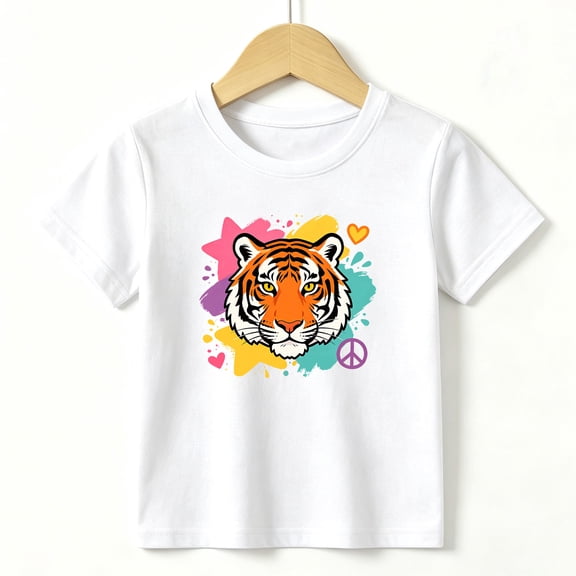 Girls Graphic Tees Tiger Face Kids T Shirt Cute Animal 100% Cotton Short Sleeve Soft Tops 4-13Y White