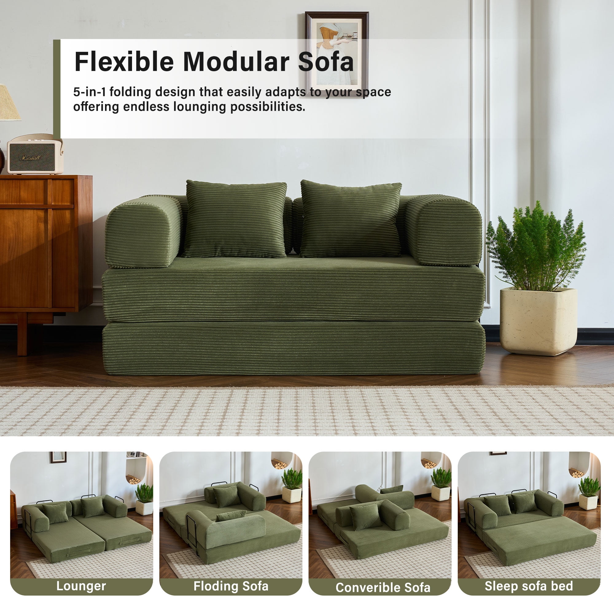 59" 5-in-1 Convertible Corduroy Sofa Bed, No-Assembly Boneless Loveseat Pull-Out Sleeper for Small Spaces(Green)