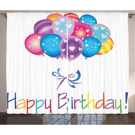 Birthday Decorations Curtains 2 Panels Set, Balloon Bouquet with Stars and Heart Shapes Best Wishes Joyfulness, Window Drapes for Living Room Bedroom, 108W X 84L Inches, Multicolor, by
