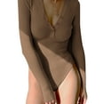 thumbnail image 2 of Liacowi Women Long Sleeve Bodycon Romper Sexy Deep V-Neck Slim Fit Short Jumpsuit Ribbed One Piece Playsuits Bodysuits, 2 of 9
