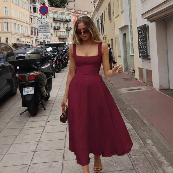 Burgundy Womens Sleeveless Square Neck A-Line Flowy Midi Dress With Pockets And Back Tie Detail