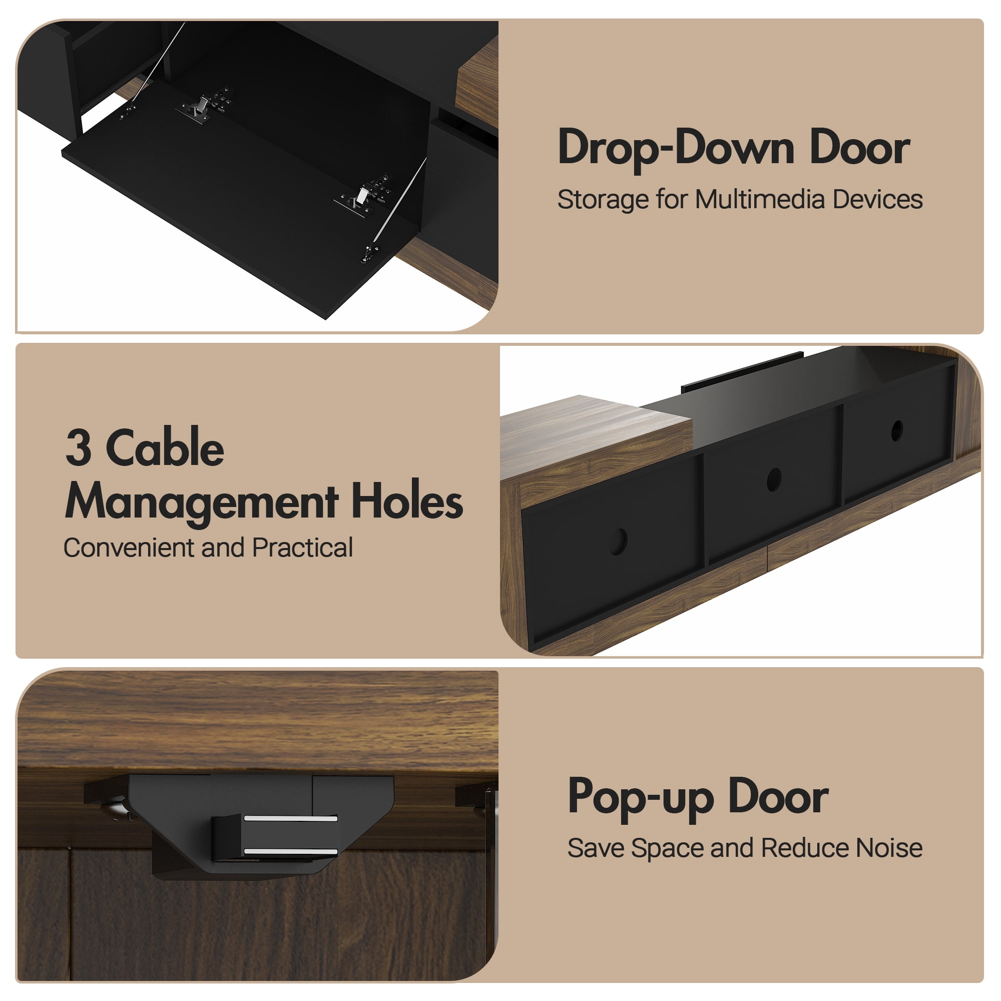 Advwin Extendable TV Stand for 75"-110" TVs, Modern Adjustable Length TV Console with LED Light, Cabinet, 2 Drawers & Media Storage, Entertainment Center for Living Room Bedroom, Black+Rustic Brown