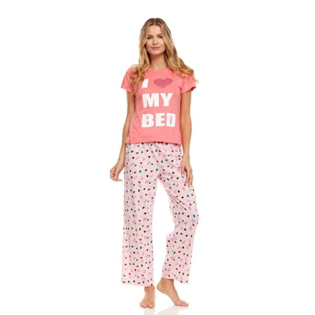 

Lati Fashion 100% Cotton Women Pants and Short Sleeve Top 2-Piece Female Pajamas Set Peach L