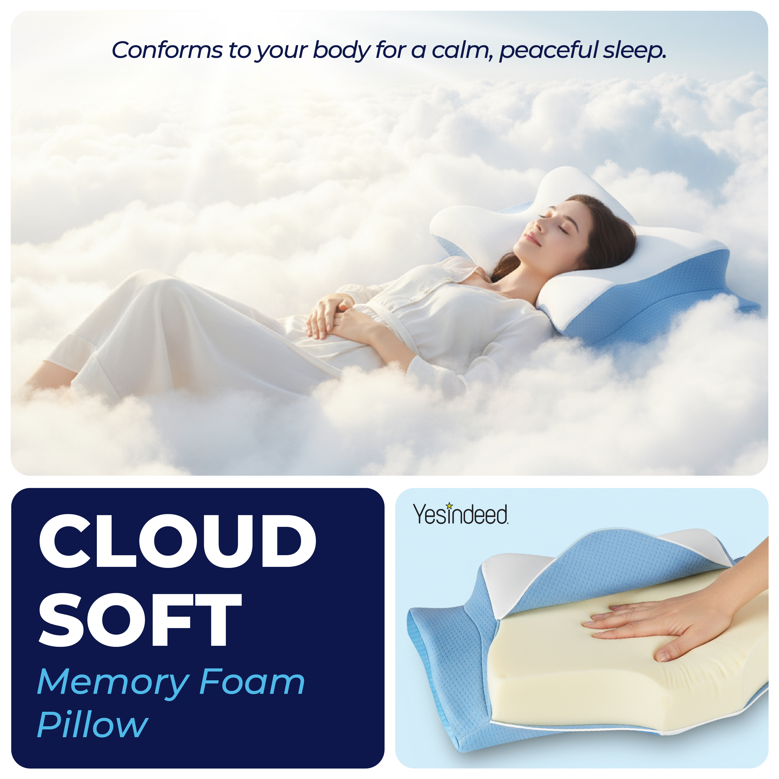 YESINDEED Pain Relief Cooling Pillow - Cervical Neck Support for Sleeping (Blue & White)