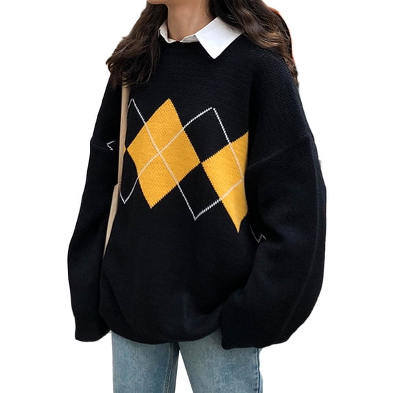 Seyurigaoka Women Oversized Sweaters Long Sleeve Argyle Print Knit Pullovers
