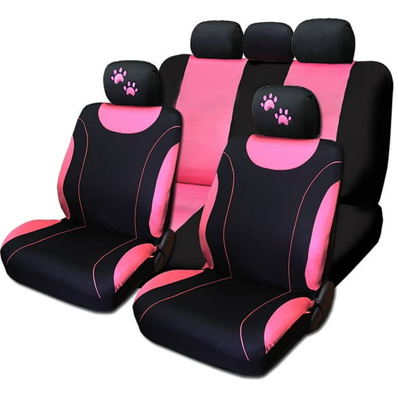 Yupbizauto New Pink Flat Cloth Front & Rear Car Seat Covers with Embroidered Paw Headrest Covers for Women