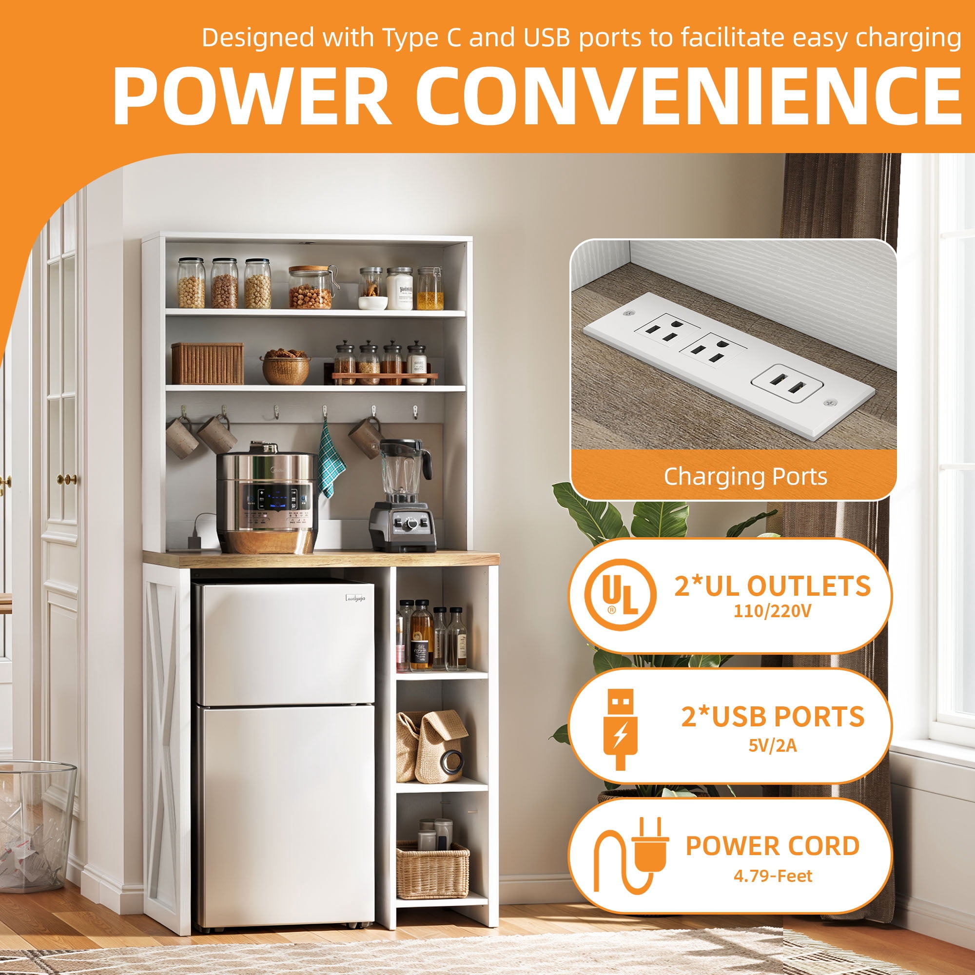 Craftian 69"H Kitchen Baker's Rack Microwave Stand with Power Outlets & Mini Fridge Storage, White