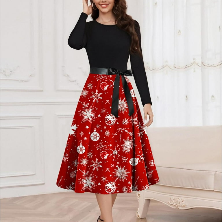 Heisall Womens Dresses Christmas Print Round Neck Long Sleeve A-line Swing  High Waist Tummy Control Slimming Evening Gown Elegant Party - Walmart.com