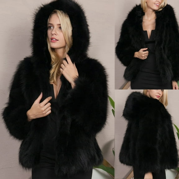 Juebong Women Fluffy Faux Fur Coat with Hood Long Sleeve Open Front Cropped Jacket Winter Warm Fuzzy Fleece Coats Shaggy Parka Black,XXL