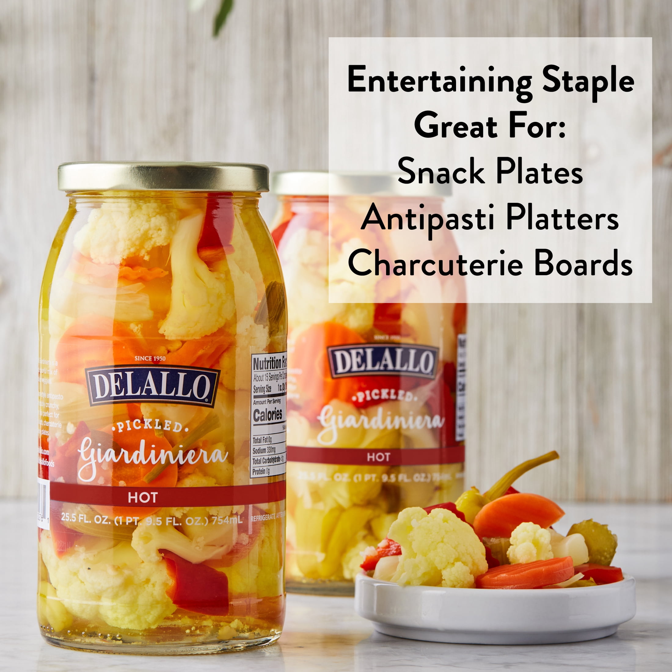 DeLallo Hot Italian Giardiniera, Non-GMO, Gluten Free, 25.5 oz Jar, (6 Pack)