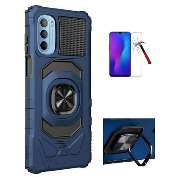 Phone Case for Motorola Moto G Stylus 2022,  Ring Stand Tough Hybrid Case Cover   Tempered Glass Screen Protector (Blue)