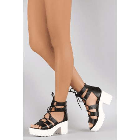 Qupid Caged Lace Up Lug Platform Chunky Heel PUMP Black SIZE 7  FIA - (Best Shoe Websites For Heels)