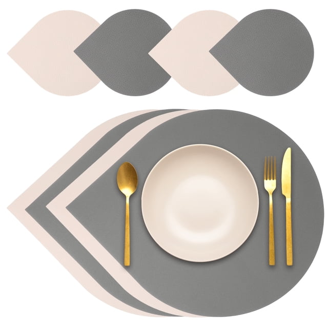 Juego de 4 manteles y posavasos Uxcell, manteles de mesa de cuero PU, lavables y resistentes al calor (Gris/Beige)