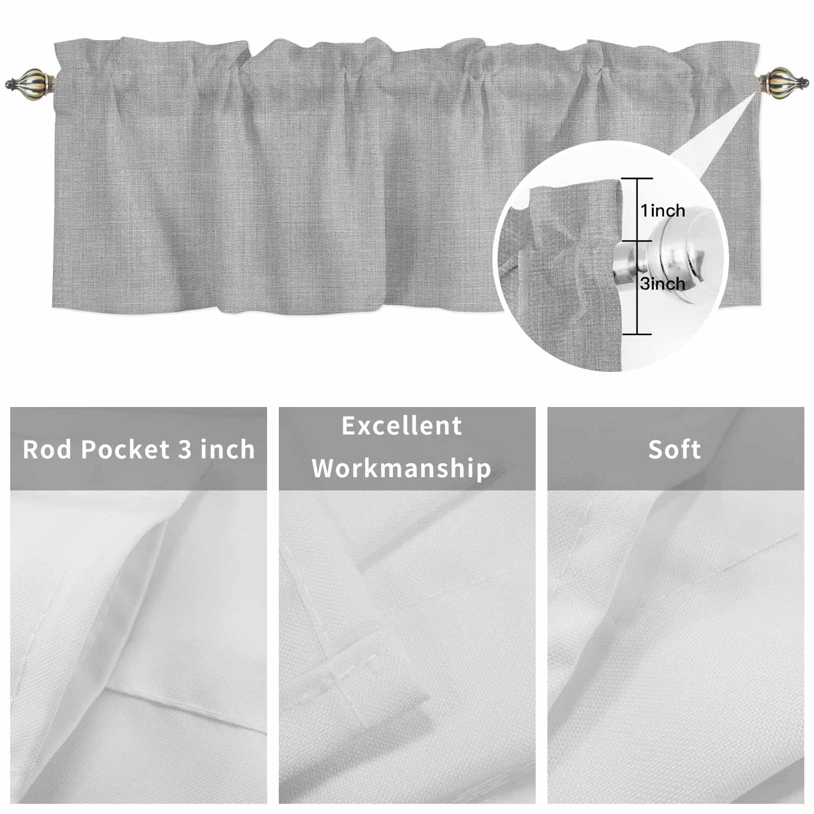 Solid Color Gray Valances for Windows,Rod Pocket Valance for Kitchen Bedroom Bathroom Living Room, Vintage Linen Monochrome Pattern Window Valance Curtain Farmhouse Home Decor Short Curtains 60x18in