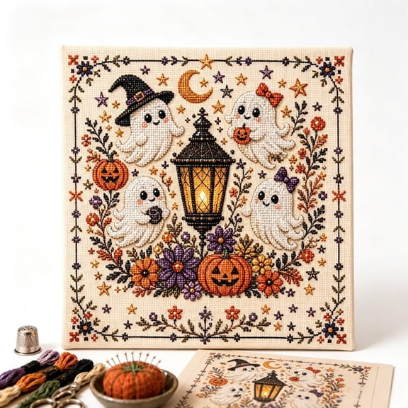 Halloween Pumpkin Cross Stitch Stamped Kit for Adults Beginner, Pre-Printed Embroidery Kit, DIY Needlepoint Patterns for Home Decor, Fall Ghost Pumpkin