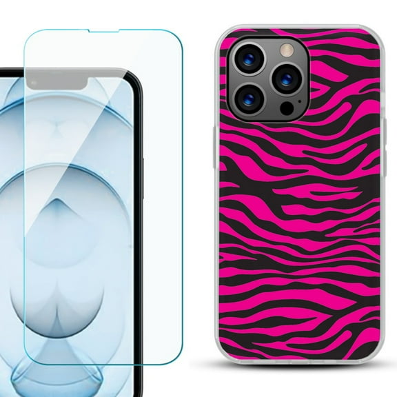 Slim-Fit Gel TPU Phone Case for iPhone 13 Pro Max, with Tempered Glass Screen Protector, by OneToughShield ® - Zebra Pink