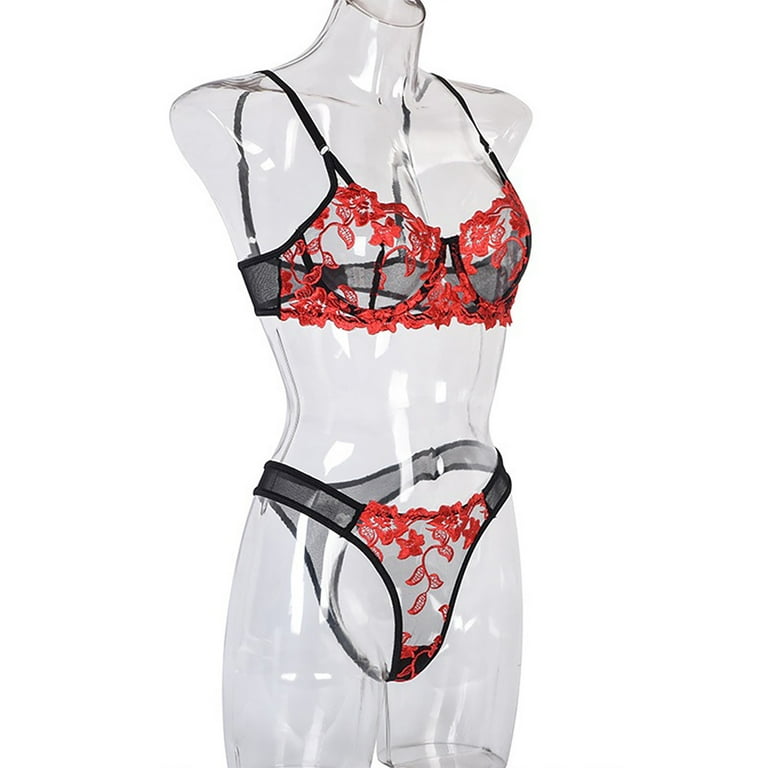 FASHIONWT Sexy Women's Embroidered Sheer Lingerie Two-Piece Bra Set