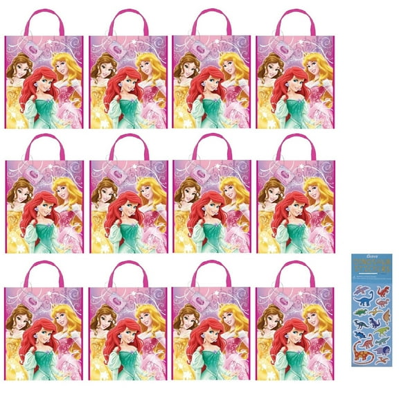 Disney Princess Birthday Party Supplies Bundle includes 12 Plastic Party Favor Tote Bags 13" x 11", 1 Dinosaur Sticker Sheet