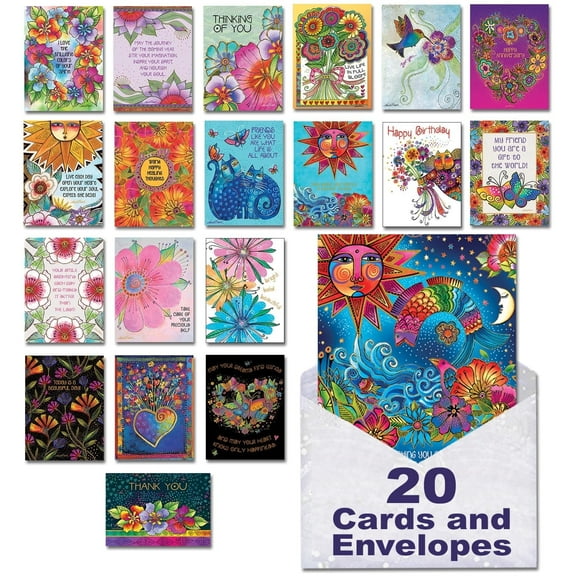 Leanin' Tree The Brilliant Colors of Laurel Burch Greeting Cards Assortment Box, 20 All Occasion Cards Assortment Box with Envelopes