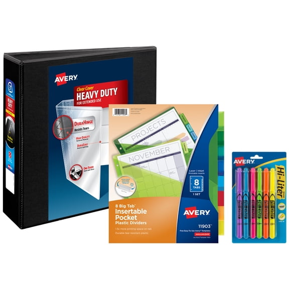 Avery 3" Ring Binder, 8 Tab Dividers, Highlighters, Set (01682)