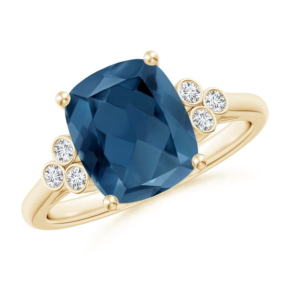 ANGARA Natural 3.2 ct London Blue Topaz Ring with Trio Bezel Diamonds in 14K Yellow Gold for Women (Size-10x8mm) | November Birthstone Jewelry for Women | London Blue Topaz Ring (Ring Size- 7.5)